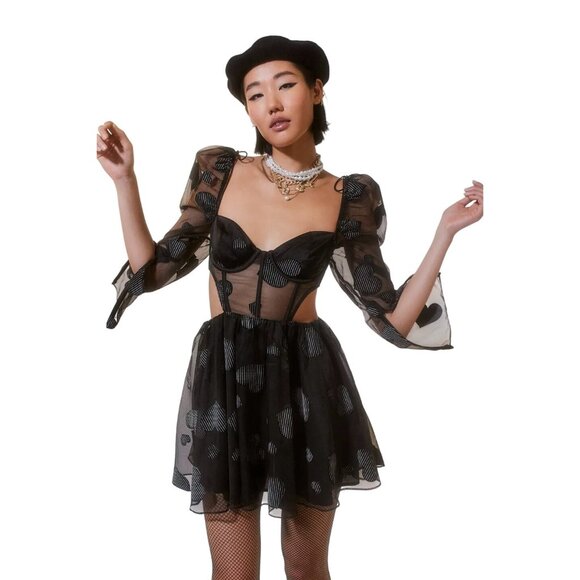 For Love and Lemons Alexandra Long Sleeve Mini Dress Black Hearts Size Small NWT - Picture 3 of 14